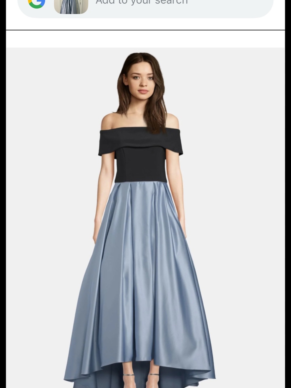 Betsy & Adam Off-Shoulder Black Bodice with Dusty Blue Satin High-Low Skirt